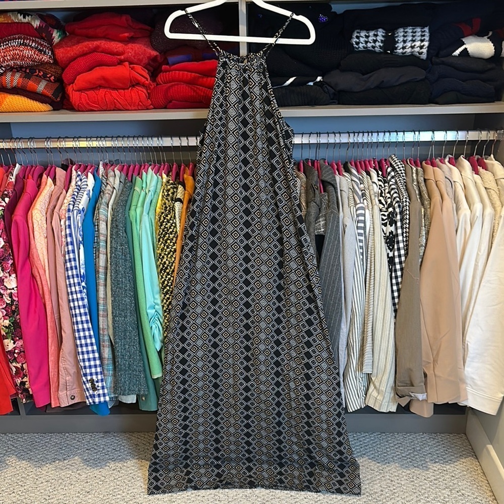 Adam Levine black/yellow/white print sleeveless back tie maxi dress size M